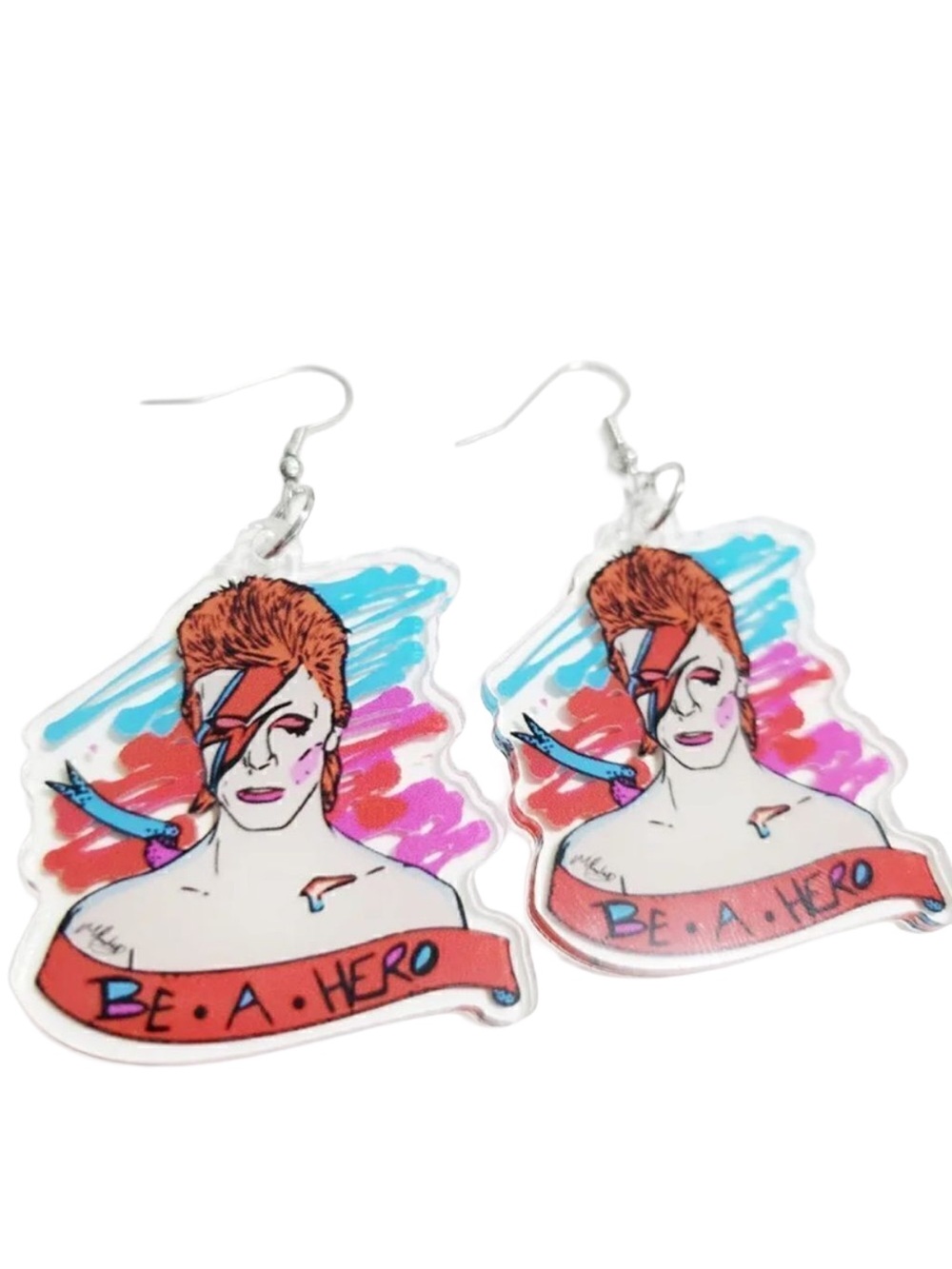 David Bowie Aladdin Sane “Be a Hero” Acrylic Drop Earrings Fan Art Ziggy NWT